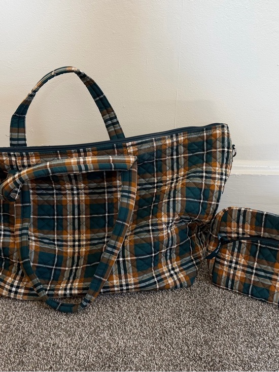 Vera Bradley Handbags - Vera Bradley Quilted Plaid Tote and Cosmetic Pouch in Teal, Brown, White